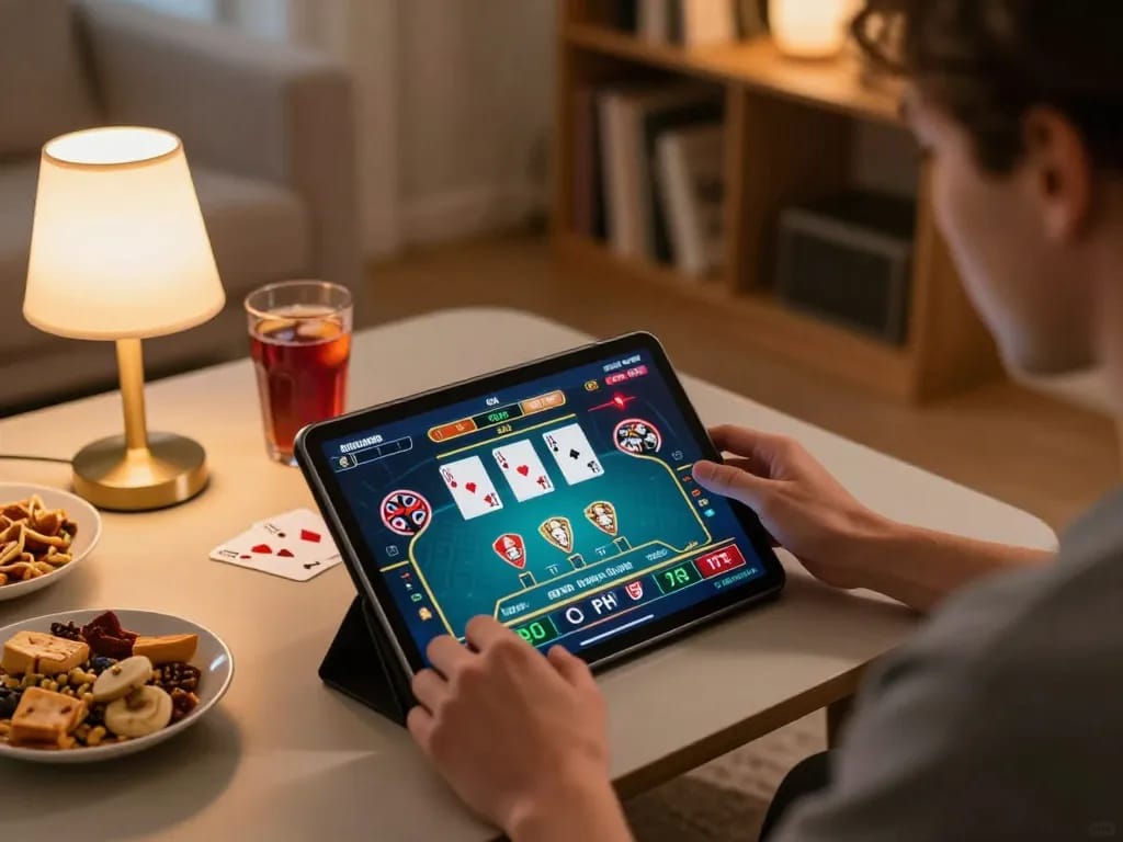 Player engaging with betbet via tablet at home for online poker, cozy and strategic gaming setup.