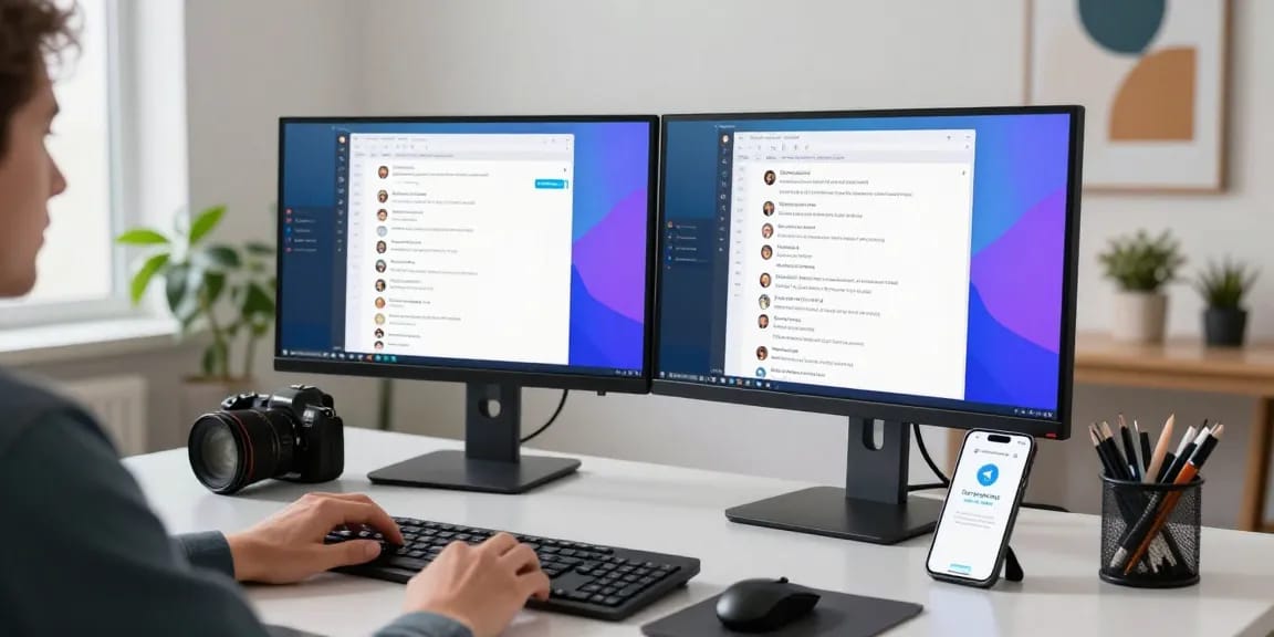 Engaging workspace showcasing Telegram Web Version on dual monitors, highlighting modern professional setup