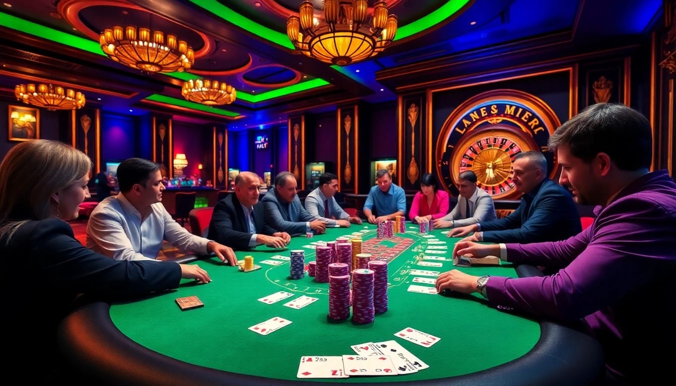 Jogoluck table with players strategizing at a vibrant Texas Hold'em poker game.