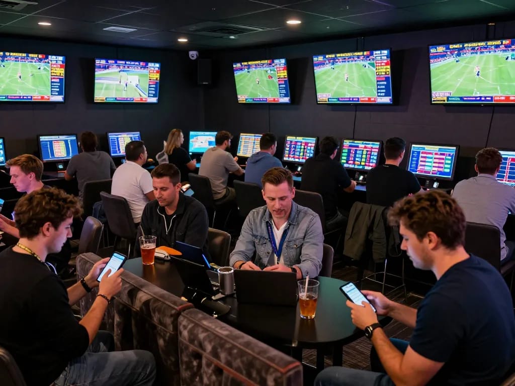 Fans engaging in live sports betting at a lounge, showcasing keonhacai excitement and teamwork