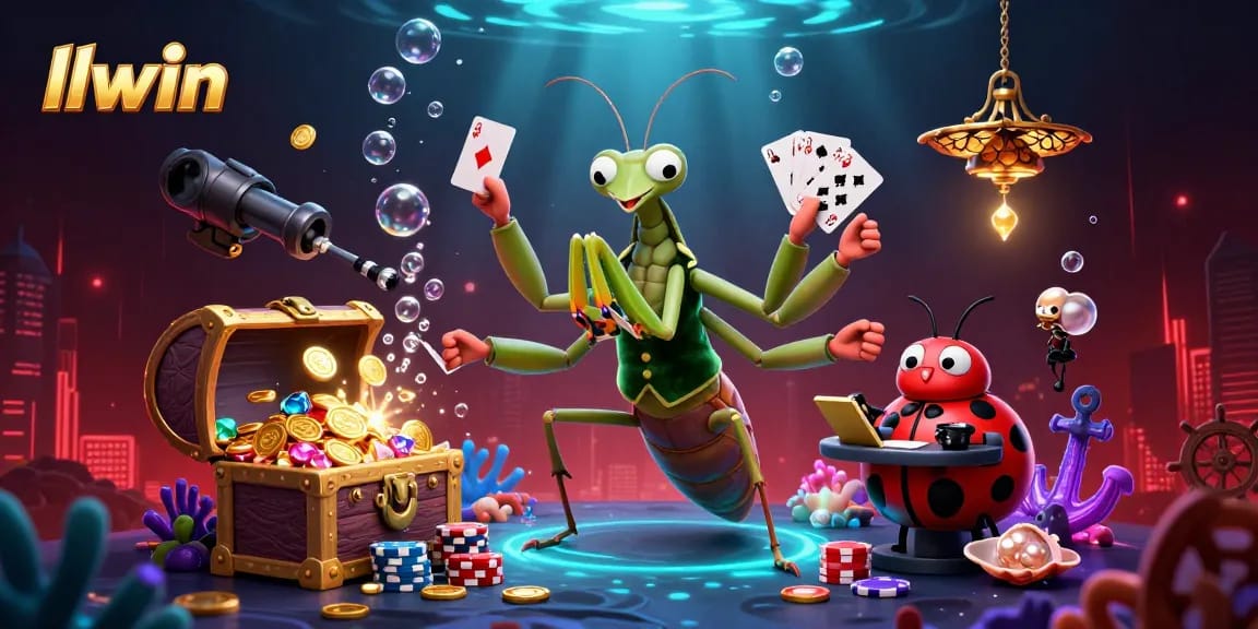 Engage with llwin as a mantis card sharp energetically shuffles cards amidst vibrant casino elements.