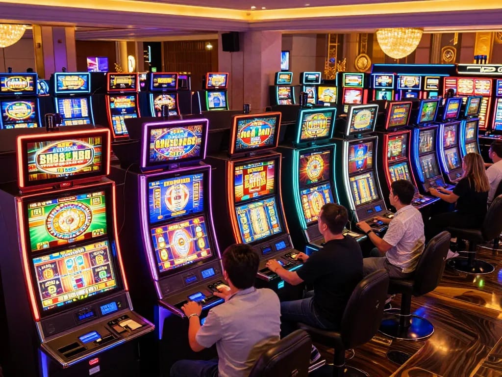 Players celebrating big wins on slot88 machines in a lively casino atmosphere