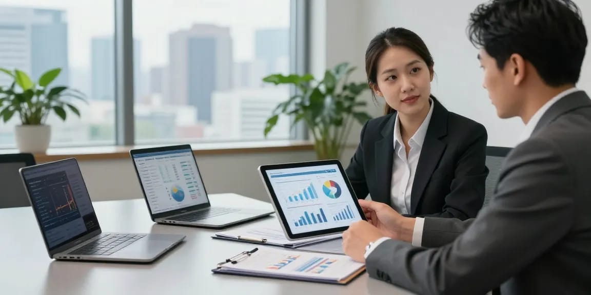 Financial advisor discussing 소액결제현금화 strategies in a professional office environment.