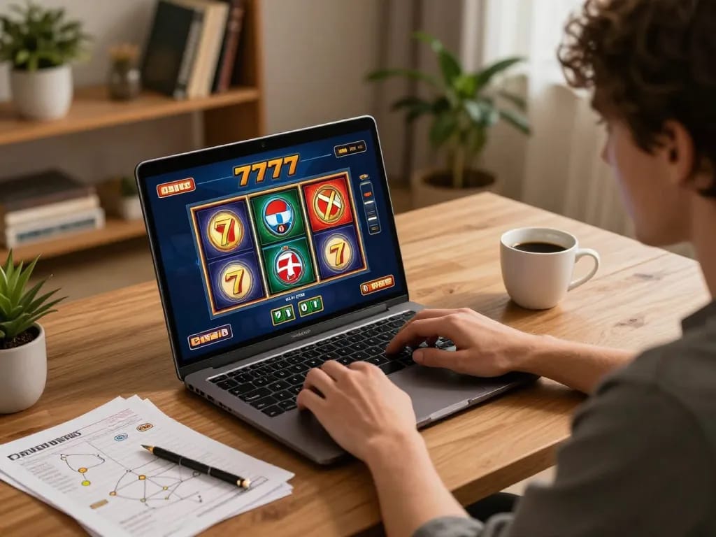 Player enjoying slot777 gameplay on laptop, surrounded by strategy notes and coffee in cozy home.