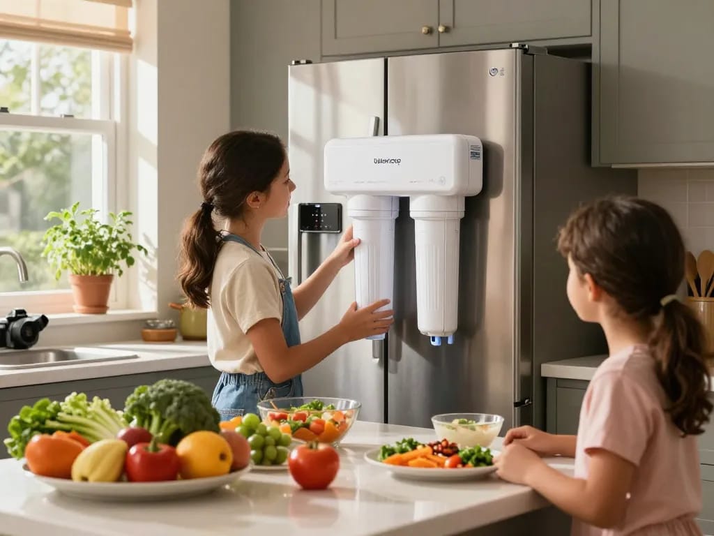 Family installing Waterdrop Plus WDP-F19C Replacement for GE® RPWFE® in a bright kitchen filled with fresh ingredients.
