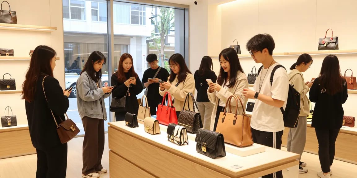Shoppers exploring stylish 레플리카 handbags in a bright retail setting.