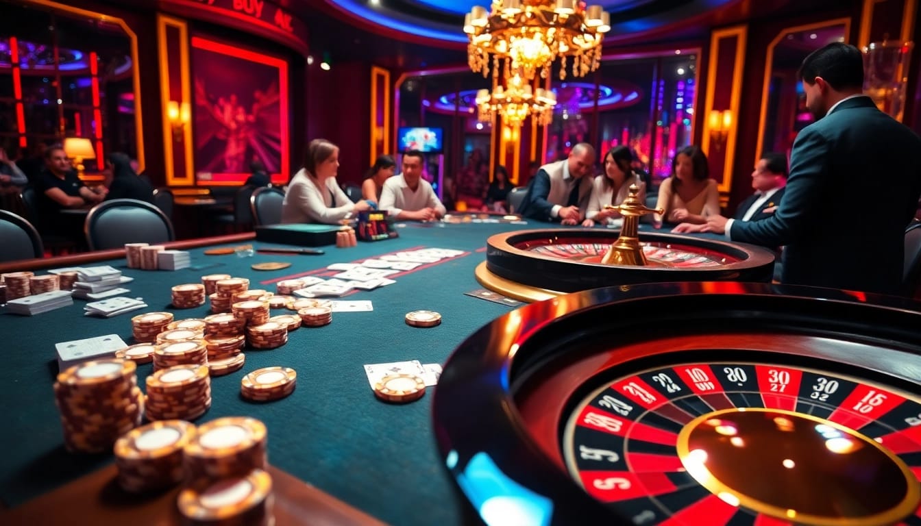 Experience the thrilling environment of 68win with players joyfully engaging in high-stake casino games.