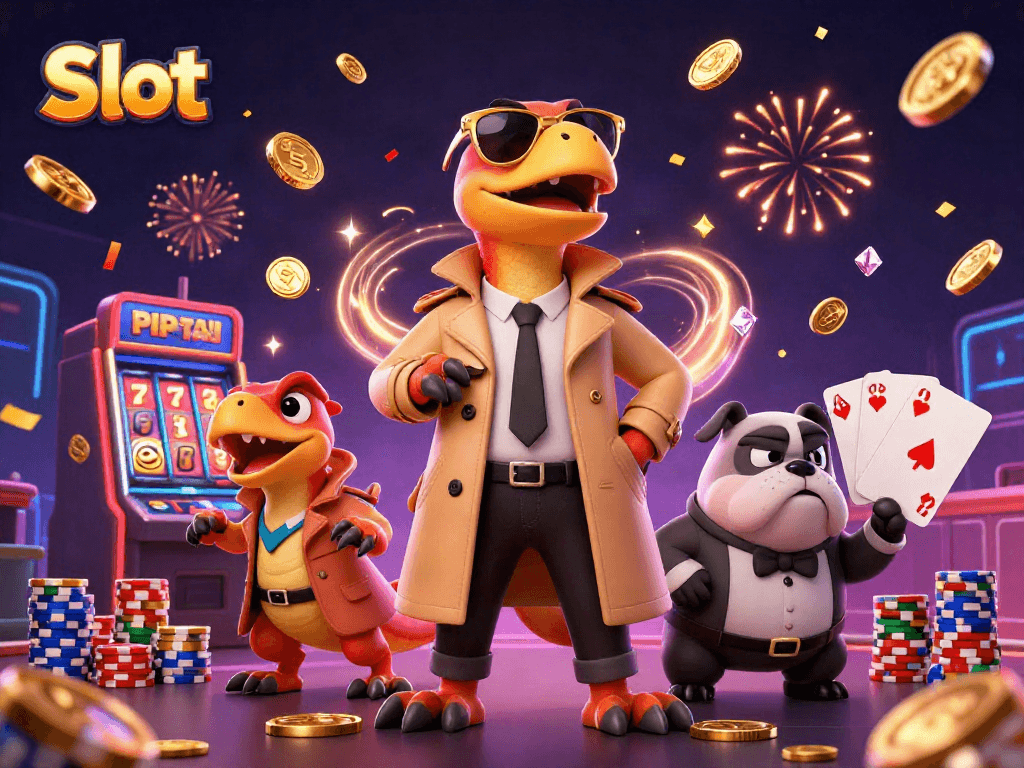 Spin the slots with excitement in this dynamic casino scene featuring vibrant raptors!