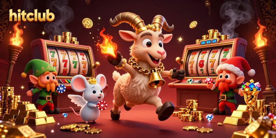 Enjoy the thrilling action at hitclub with Krampus, angel mouse, and elf gremlins in a festive casino scene.