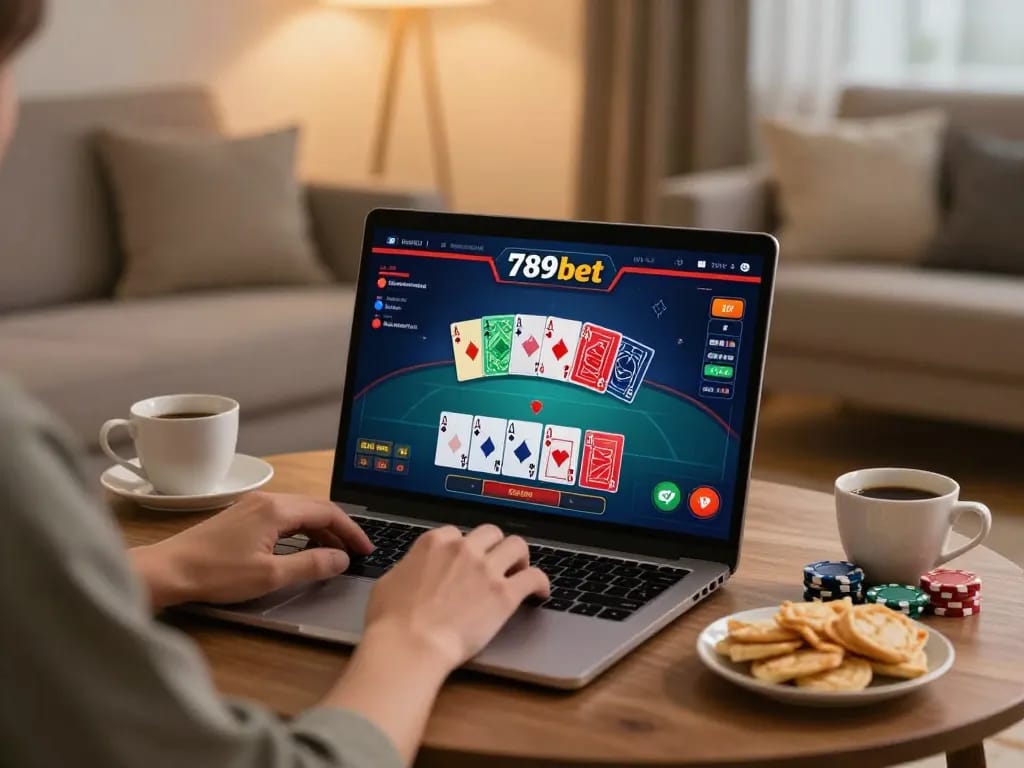 Engaging online poker action at 789bet with a player immersed in gameplay at home