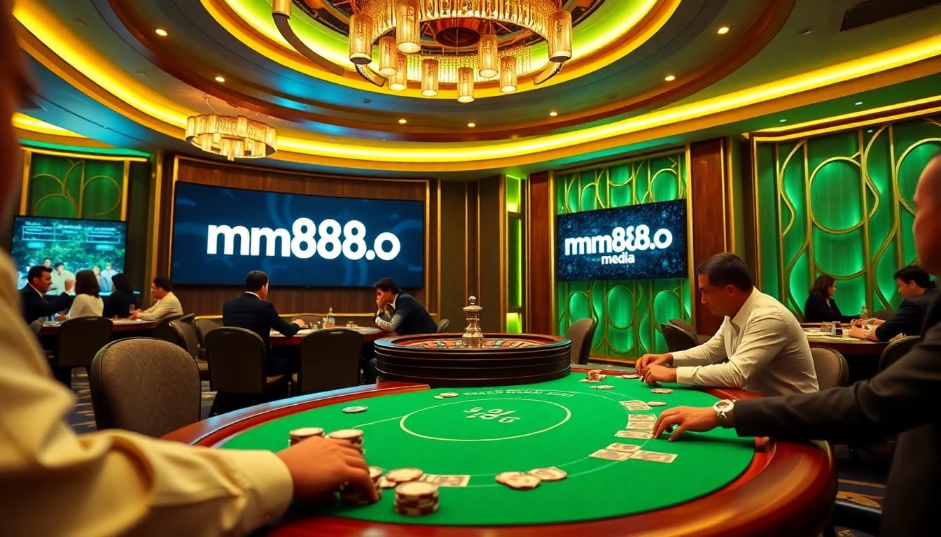 Exciting poker game scene at mm888.media casino with players and roulette.
