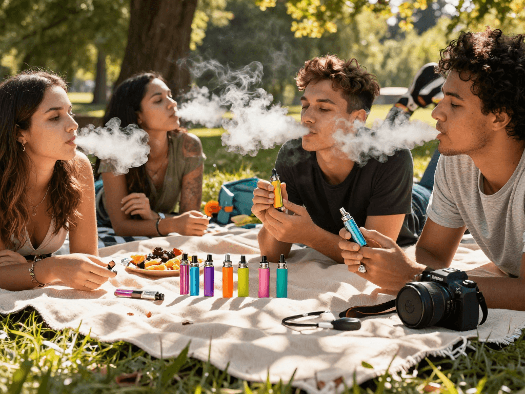Group enjoying Jungle Boys vape devices in a sunlit park, emphasizing natural wellness and community.
