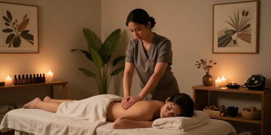 1인샵 massage therapist performing a relaxing massage in a serene spa room with soft linens and calming ambiance.
