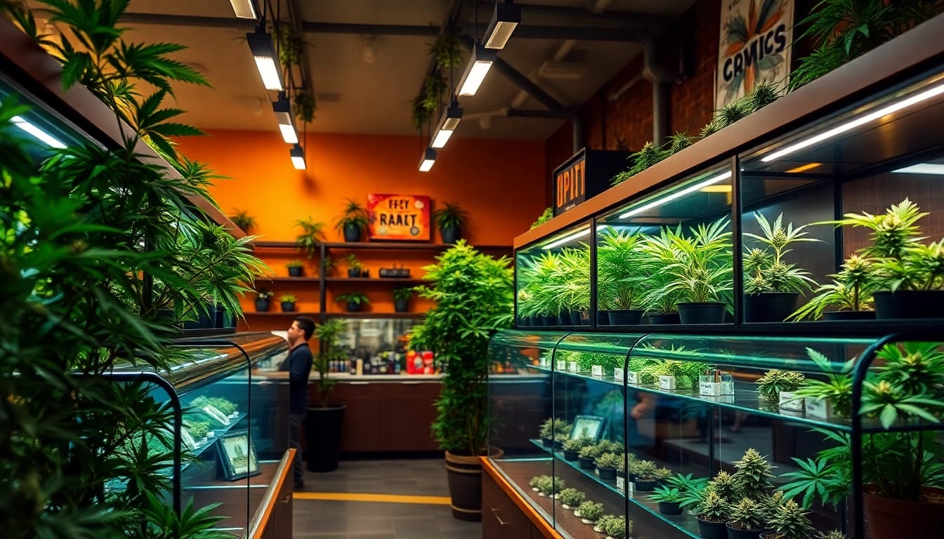 Find out where can you buy weed with a vibrant cannabis dispensary showcasing various products.
