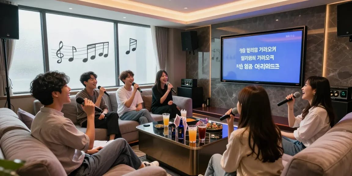 Enjoying a fun night at 강남 엘리트 가라오케, friends singing together in a vibrant private karaoke room.