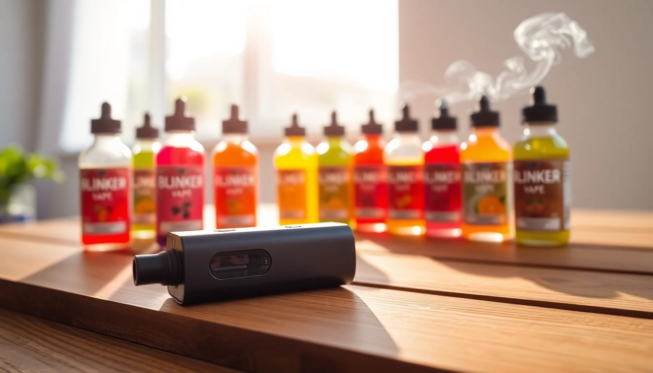 BLINKER VAPE auf einem Holztisch, umgeben von bunten Getränkeflaschen für Vapegenuss.