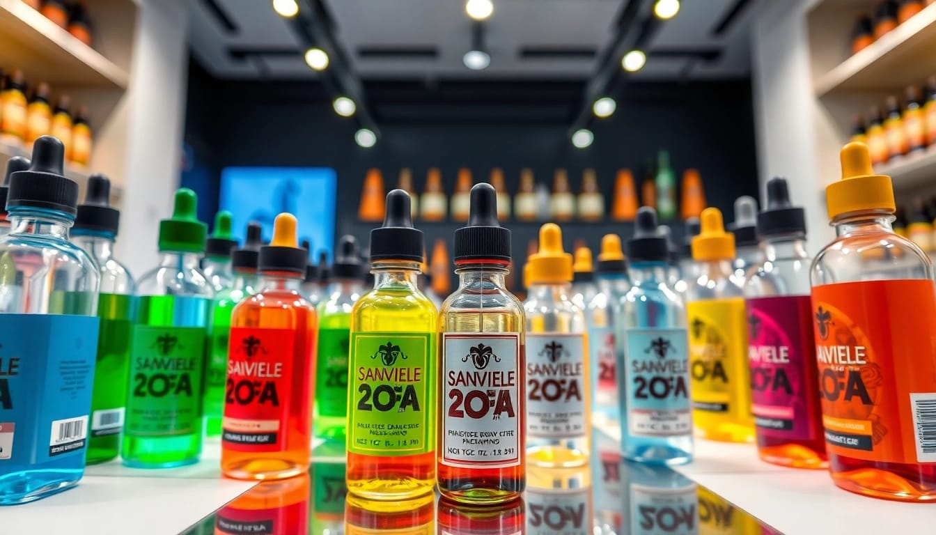 Showcase of vape & e-liquids in a colorful display, highlighting bottle designs and variety.