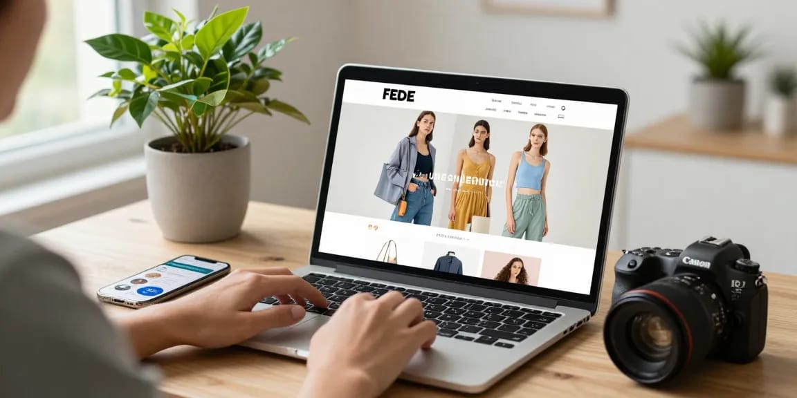 Engaging online shopping experience at https://shs-dome5.com/ with trendy apparel on a laptop.