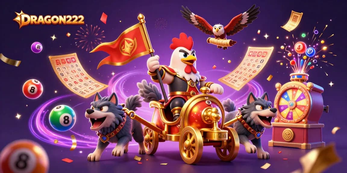 Experience winning excitement with DRAGON222 in a vibrant casino-themed illustration.