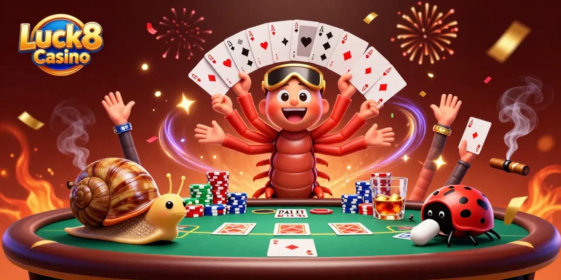 Experience the thrill at Luck8 Casino with animated characters and poker action.
