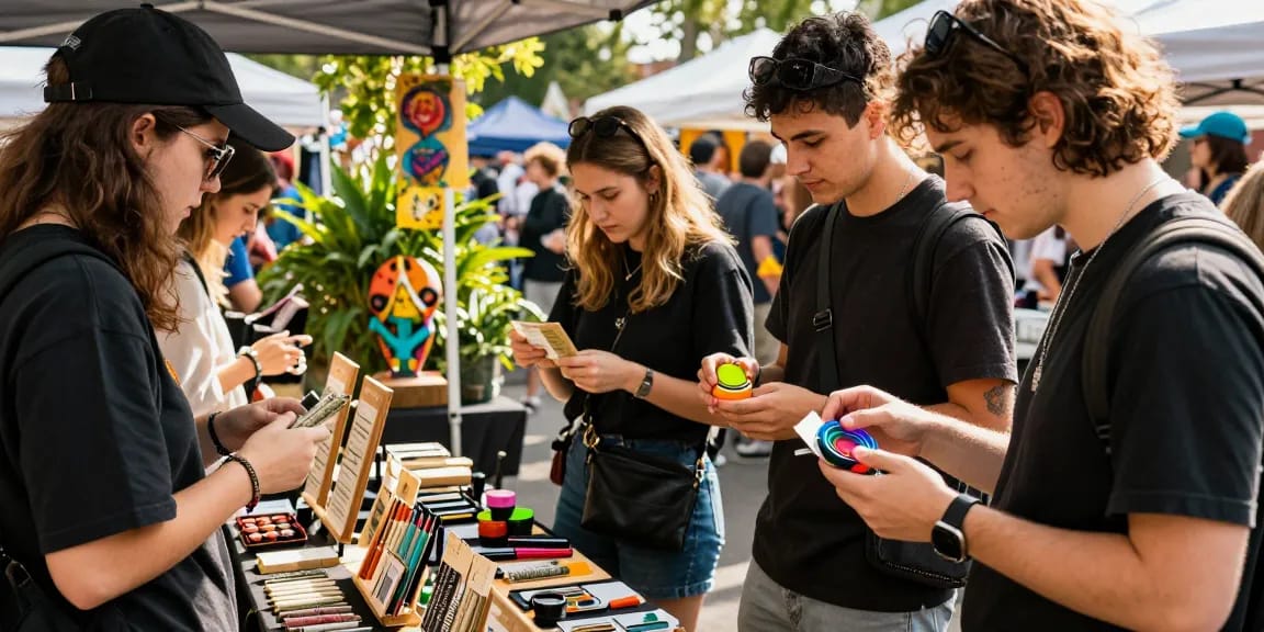 Vielfältige Auswahl an Cannabis Zubehör kaufen auf einem lebhaften Markt mit Grinders und Rolling Papers.