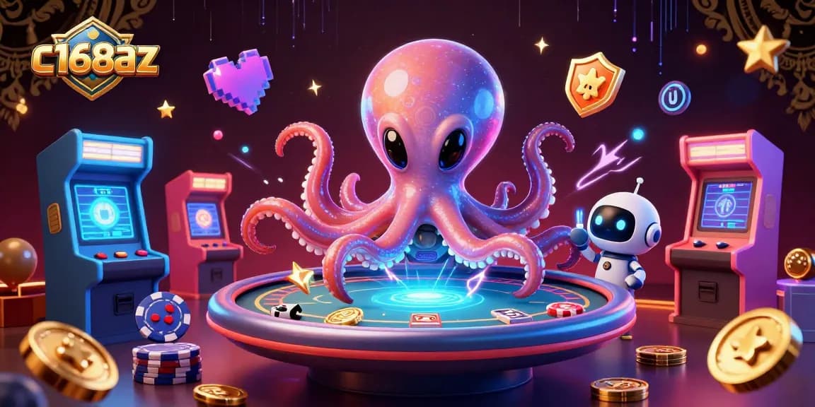c168az offers an exciting gaming experience with a 3D alien octopus at a holographic poker table surrounded by vibrant game elements.