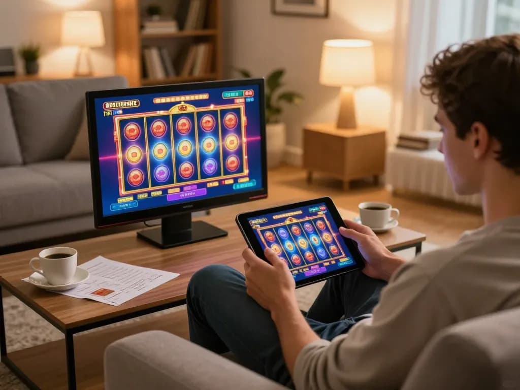 Player enjoying online gaming at home with nhà cái gg88 platform on tablet, cozy setting and strategic notes.