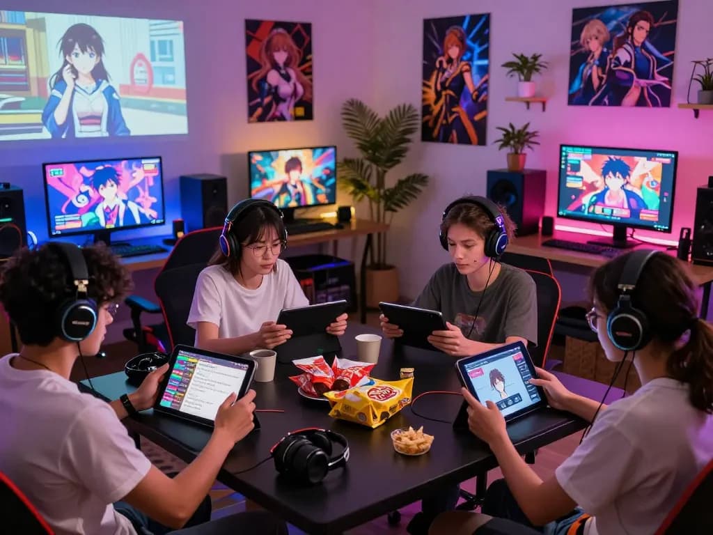 Engaging scene of players enjoying sex games online in a vibrant gaming lounge with tablets and smartphones.