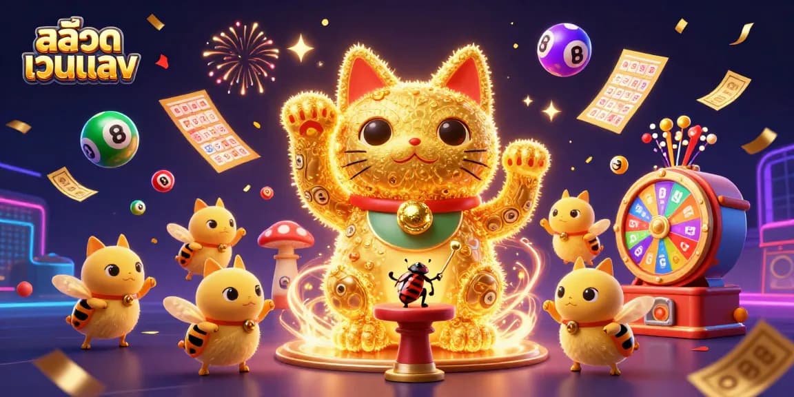 Engage with สล็อตเว็บตรง in this vibrant scene featuring casino elements and a lucky cat.