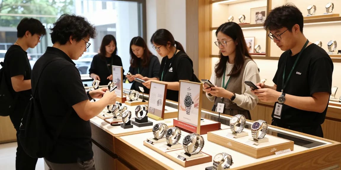 Shopper admiring 시계 레플리카 in contemporary e-commerce display.
