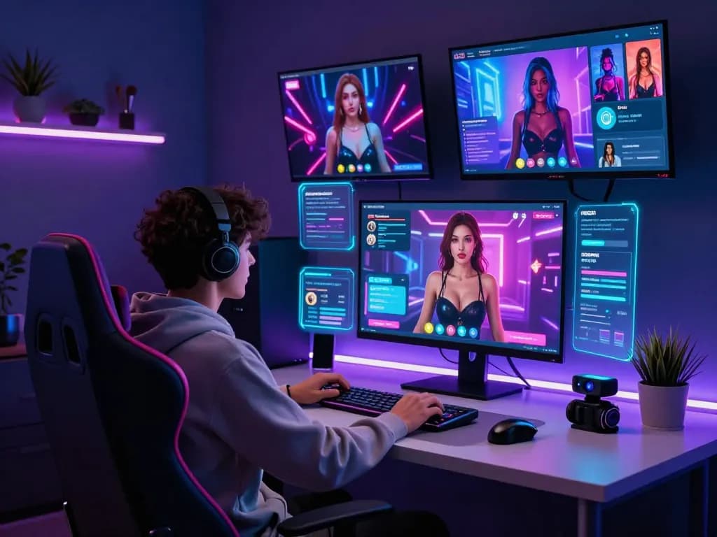 User engaged in an interactive NSFW chat with a virtual character on a sleek digital platform.