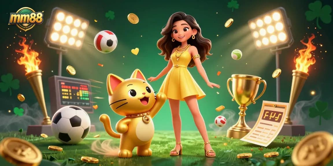 Play casino games with MM88, featuring interaction with lucky cat and vibrant golden elements.