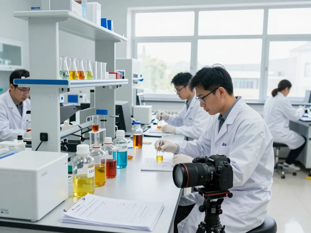High-tech lab scene featuring an EU cannabinoid manufacturer team analyzing premium extracts for compliance and quality.