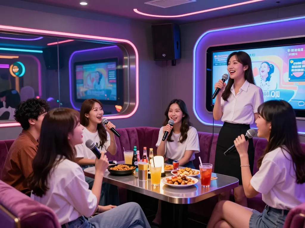 Enjoying karaoke at 인천쓰리노 with vibrant lights, drinks, and lively atmosphere.