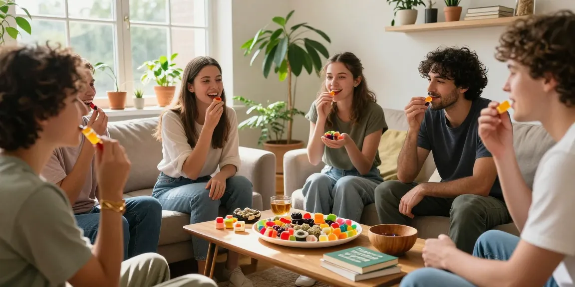 Delicious weed edibles UK shared in a vibrant social setting, showcasing organic jelly candies and CBD wellness products in an inviting atmosphere.