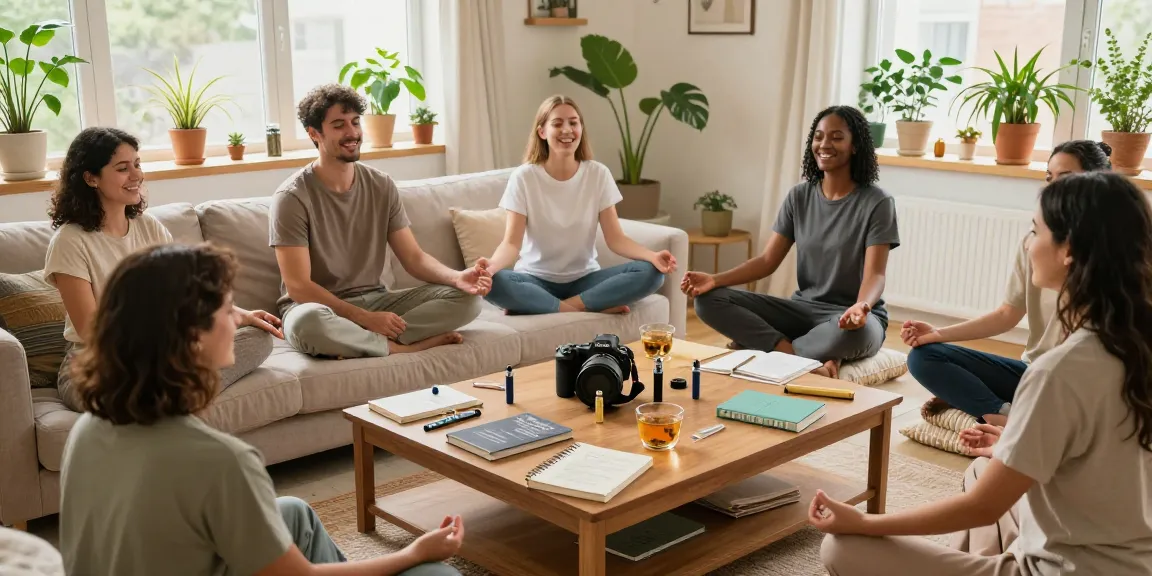 Gathering of friends enjoying proper loud CBD vape experience in a cozy living room, showcasing natural wellness.
