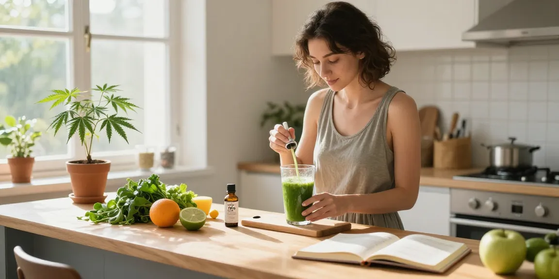 Proper Loud CBD oil integrated in a morning wellness routine with smoothie preparation, showcasing natural ingredients and organic lifestyle.