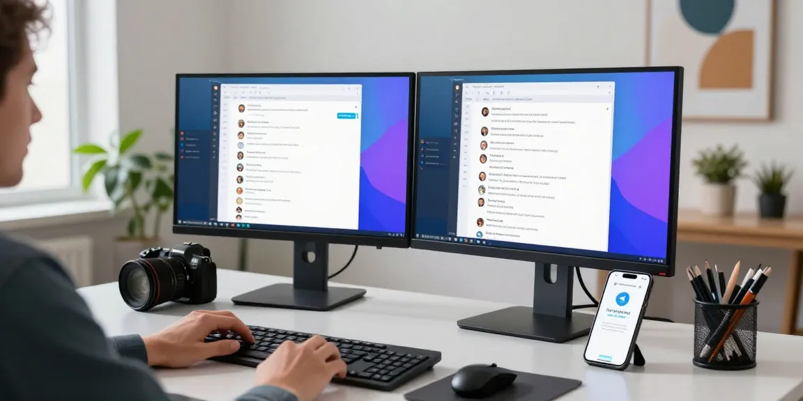 Engaging workspace showcasing Telegram Web Version on dual monitors, highlighting modern professional setup