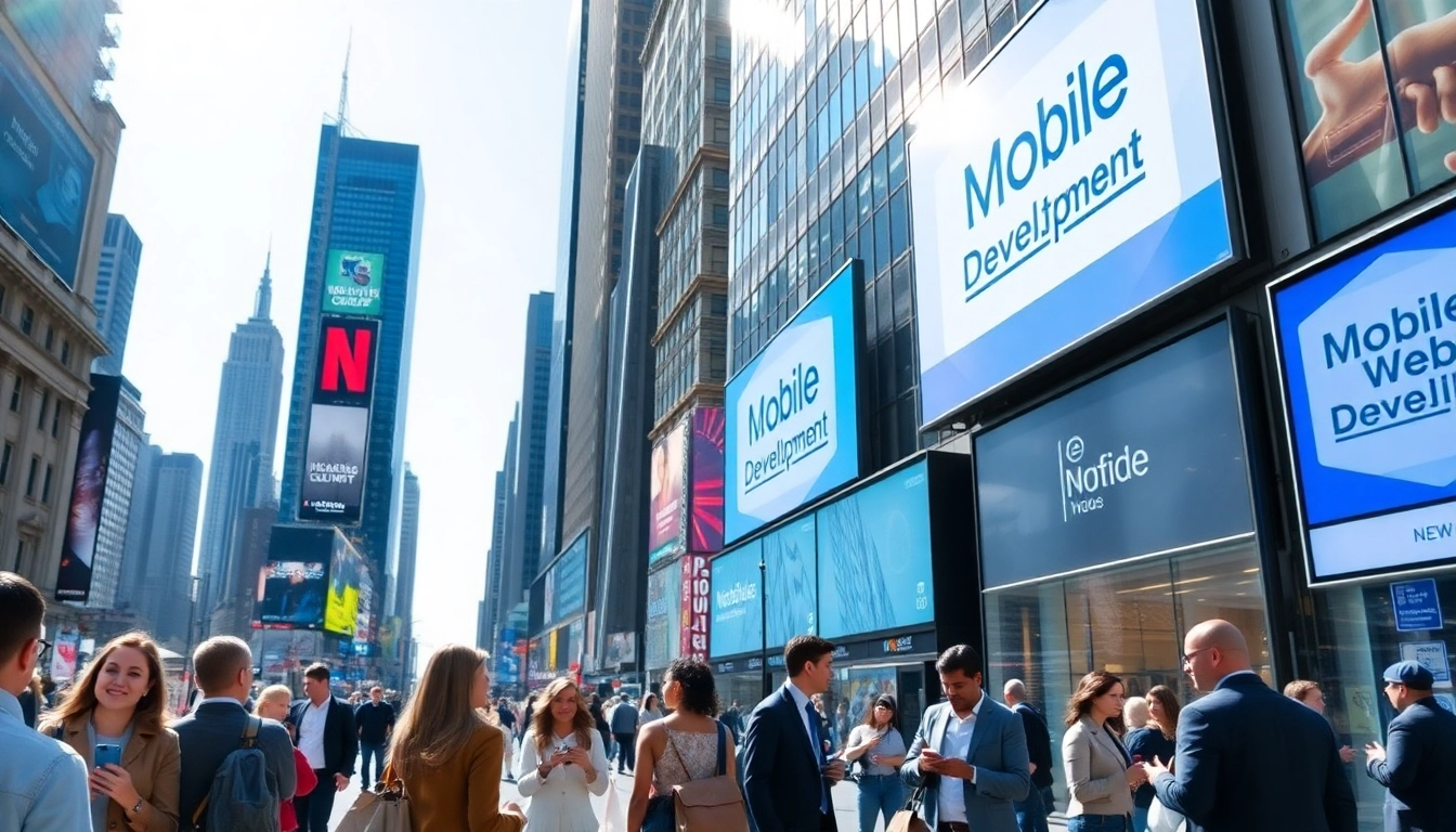 Mobile web development NYC scene with professionals in a vibrant NYC street using mobile devices.