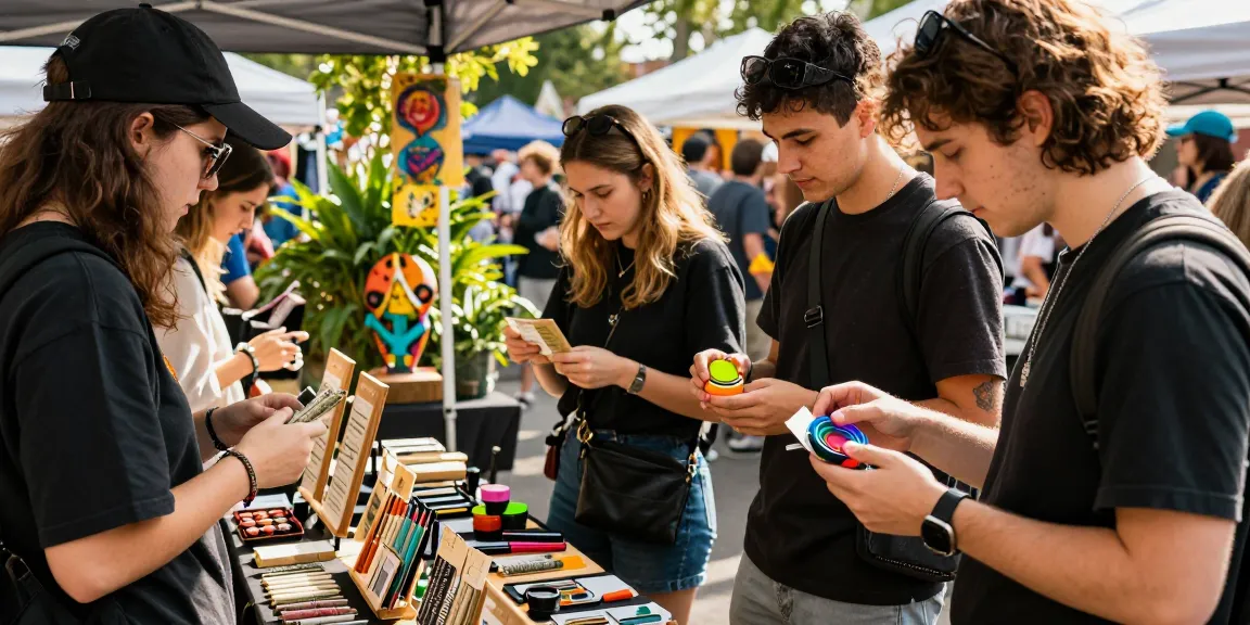 Vielfältige Auswahl an Cannabis Zubehör kaufen auf einem lebhaften Markt mit Grinders und Rolling Papers.