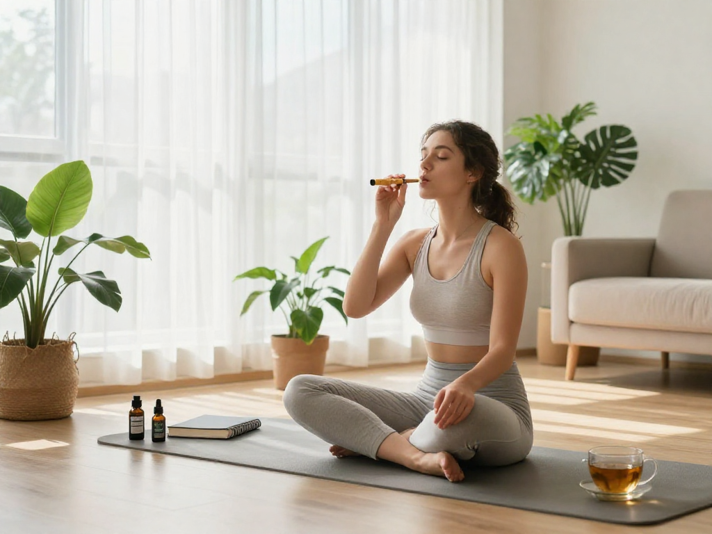 Elevated view of a vibrant wellness scene with a cookies weed pen, CBD oil, and natural wellness items, emphasizing an organic lifestyle.