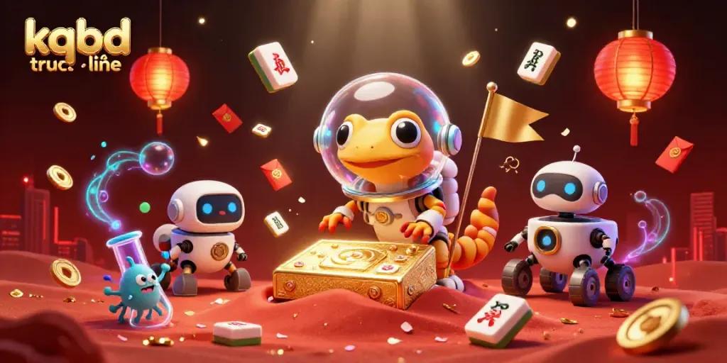 Experience thrilling kqbd truc tuyến action with a Martian gecko uncovering a golden casino in a vibrant Martian landscape.
