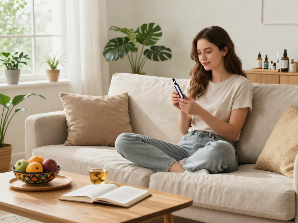 Muha meds disposable vape pen featured in cozy living room wellness scene with calming decor and organic CBD products.