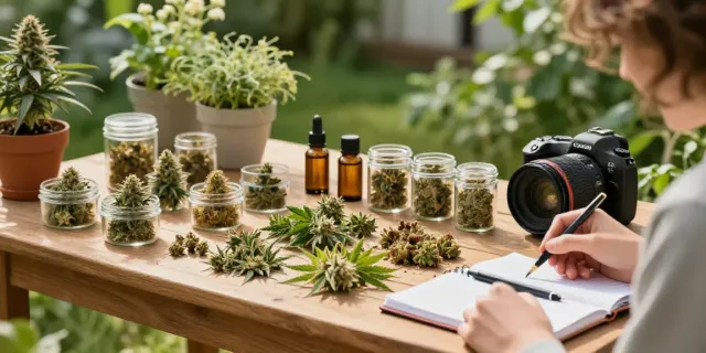 CBD Blumen kaufen in einem Garten mit verschiedenen Premium-Sorten auf einem Holztisch.