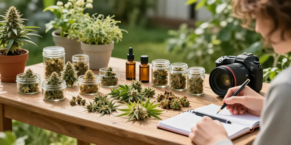 CBD Blumen kaufen in einem Garten mit verschiedenen Premium-Sorten auf einem Holztisch.