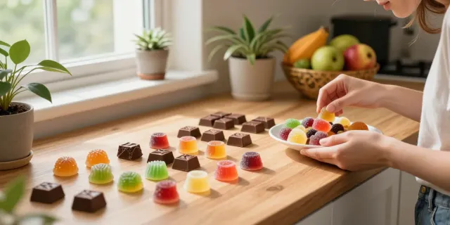 Cannabis sweets UK displayed on a kitchen countertop, featuring colorful gummies and chocolates.