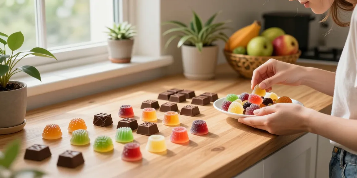 Cannabis sweets UK displayed on a kitchen countertop, featuring colorful gummies and chocolates.