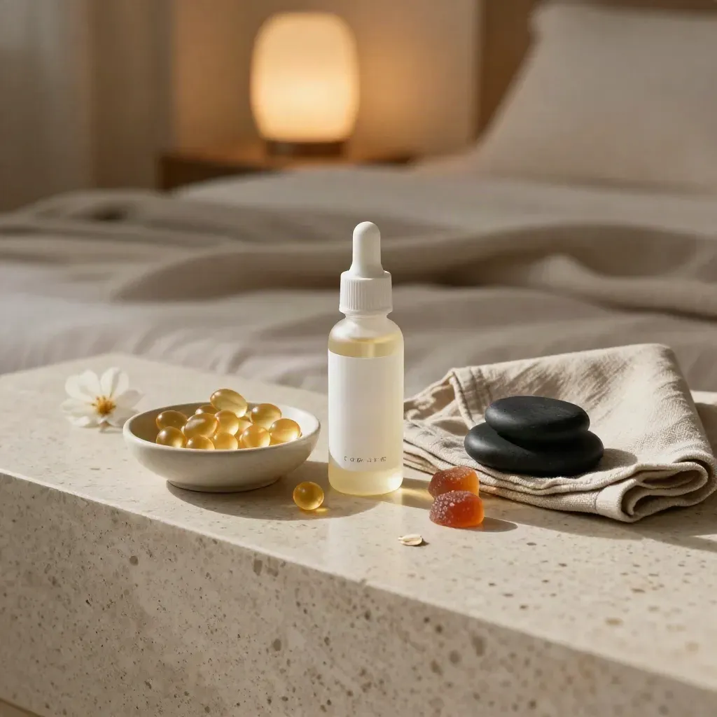CBD bedtime bundle with oil, gummies, and softgels on travertine beside linen and stone