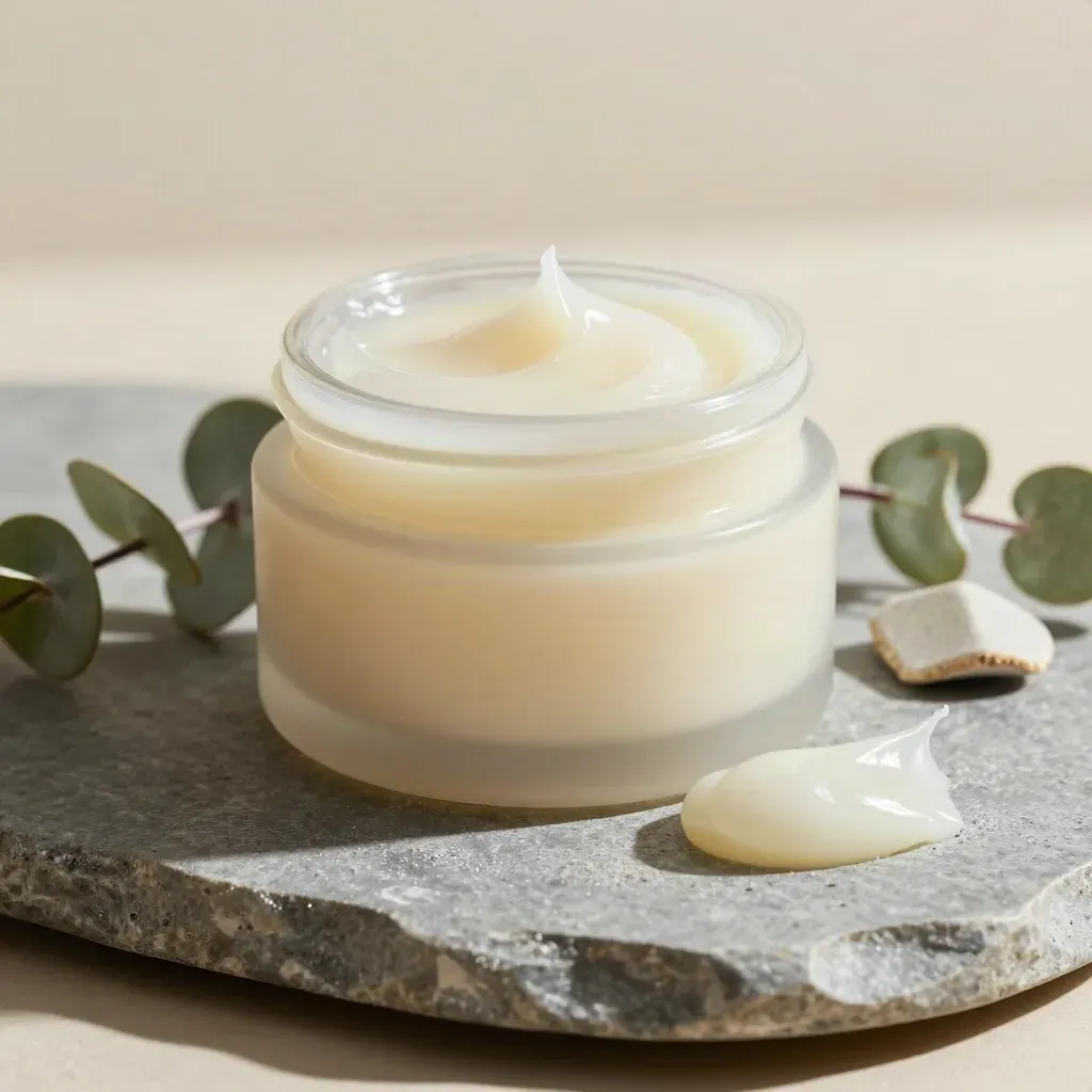 Macro of a cooling muscle balm jar on stone with eucalyptus and a balm swipe.