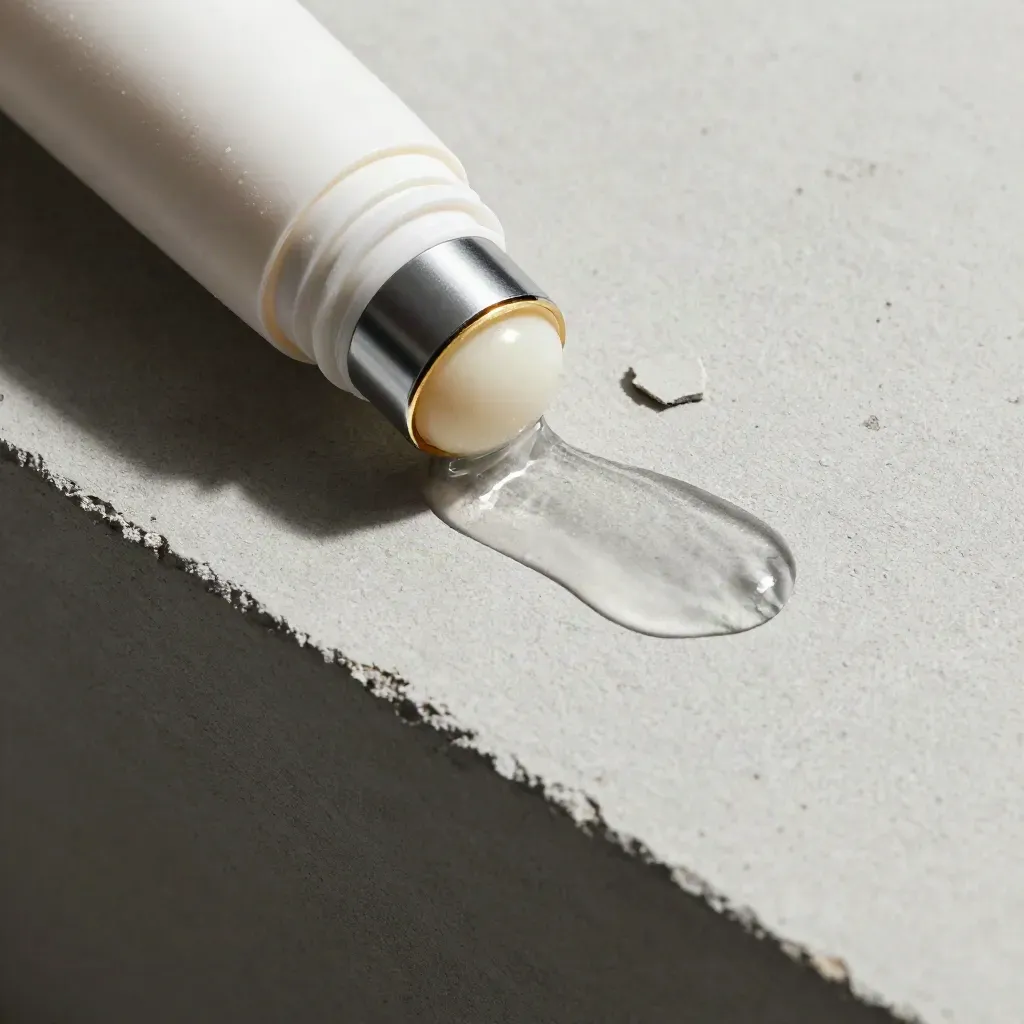 Unbranded recovery roll-on bottle with metal roller ball and glistening gel on concrete